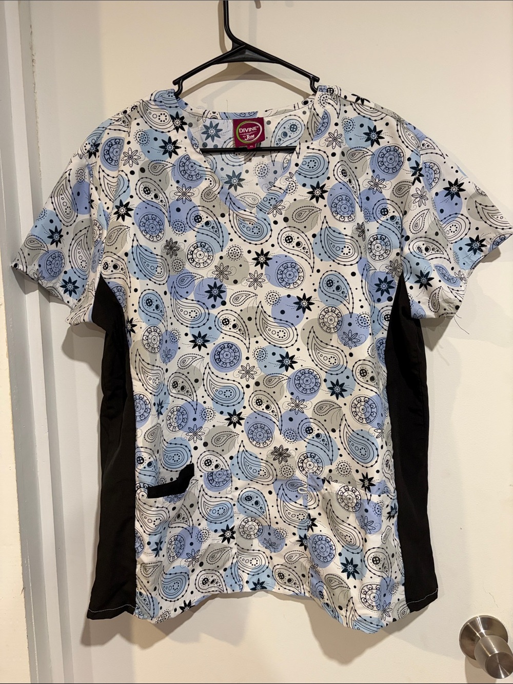 Comfort Women's Blue Paisley Print Scrub Top